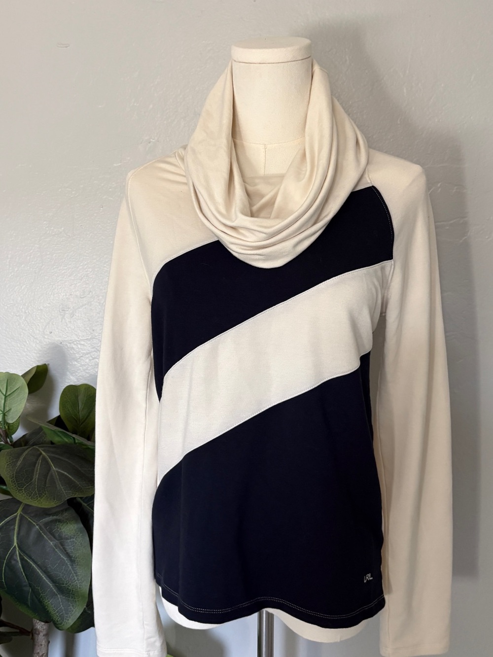 Ralph Lauren Cream and Black Diagonal Colorblock Cowl Sweater